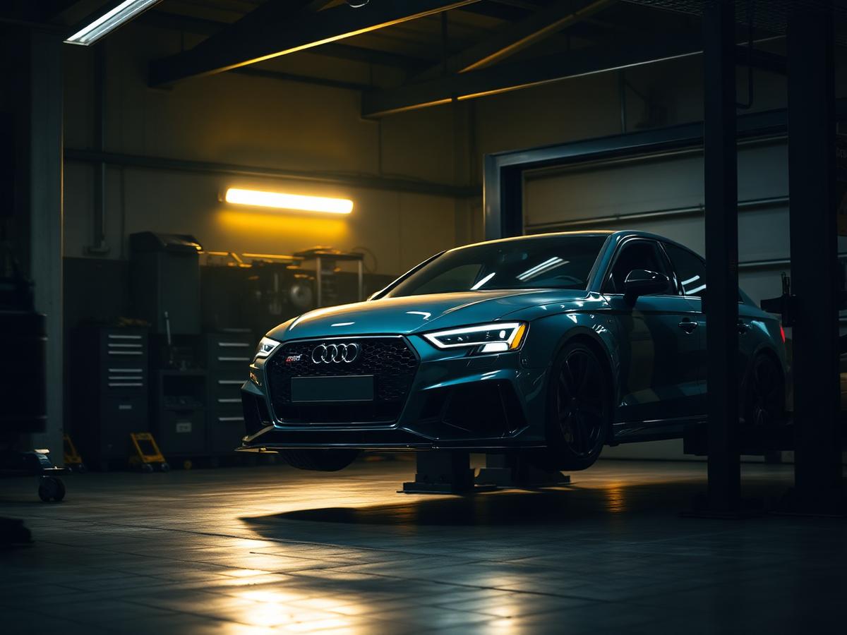 Audi positioned in the Pi Motorsport workshop