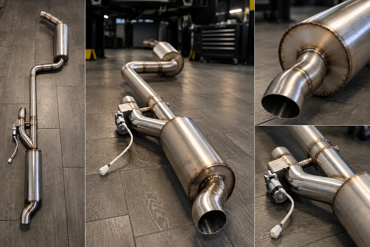 Client-supplied photographs of the Cupra 290 valved exhaust layout, stainless steel welds and electronic valve assembly